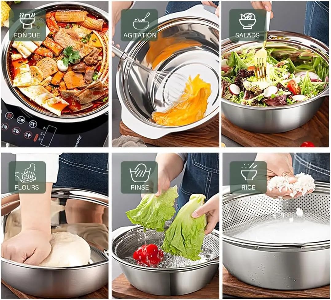 Turbomax 304 Stainless Steel Vegetable Washing Bowl & Strainer Colander,channi for Fruit,Pasta,Rice,Kitchen Purpose Bowl, stcable Draining Bowl,Food Mesh Micro-Perforated (22cm)