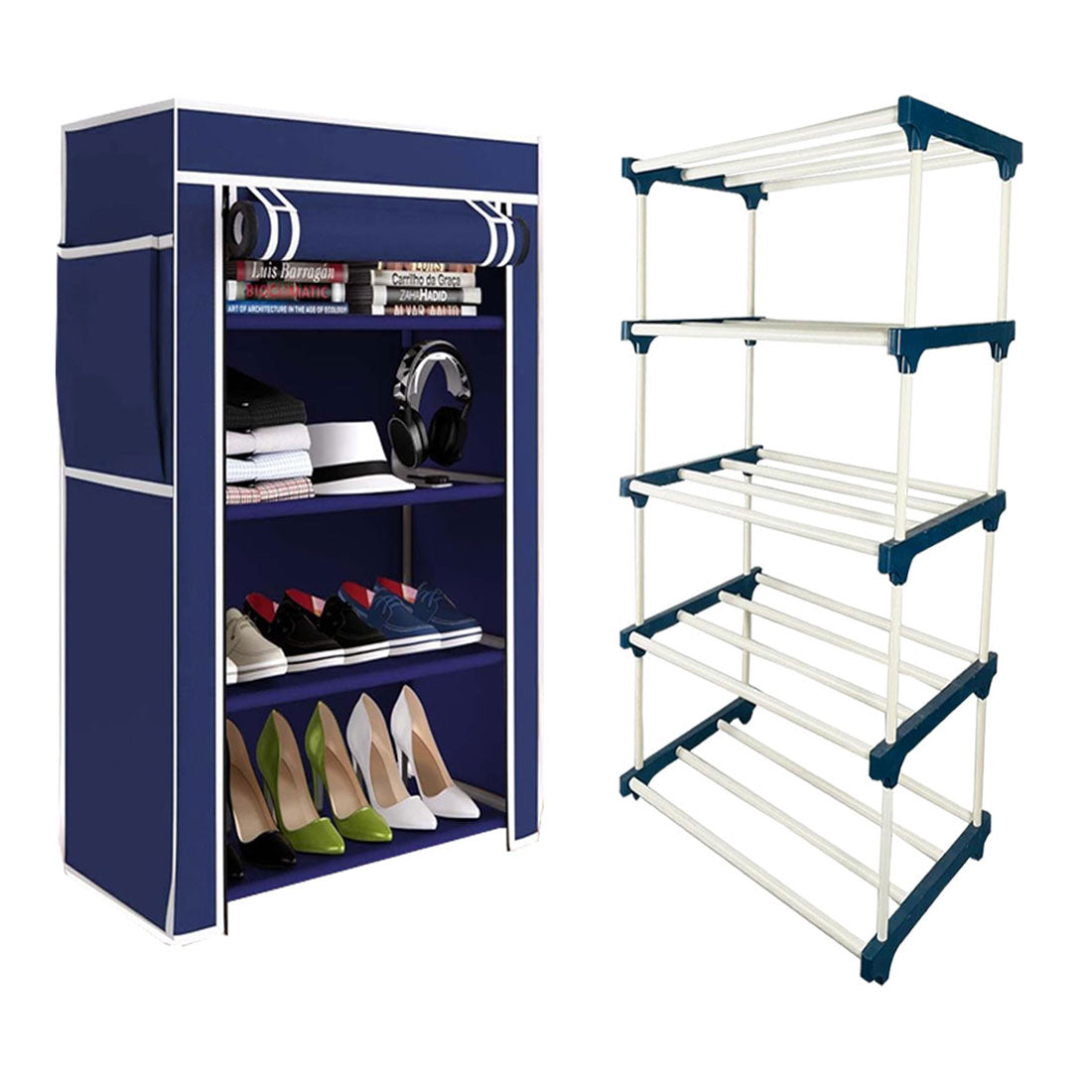 TURBOMAX TRI® Folding Shoe Rack with Shelf for Bedroom, Living Room, Entryway - 4-Layer-Elbow, Blue Plastic book Shelf with Cover