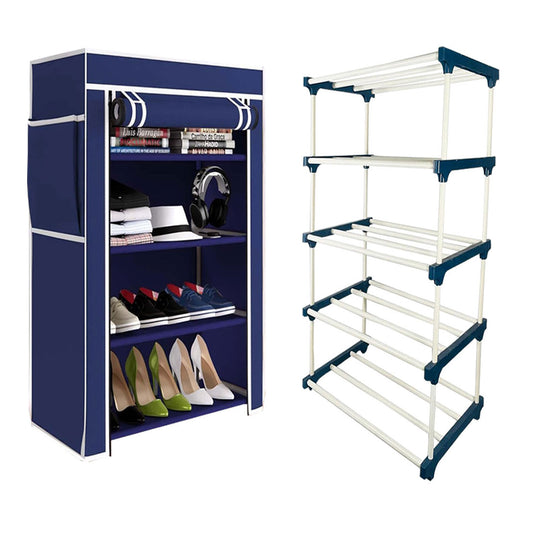 TURBOMAX TRI® Folding Shoe Rack with Shelf for Bedroom, Living Room, Entryway - 4-Layer-Elbow, Blue Plastic book Shelf with Cover
