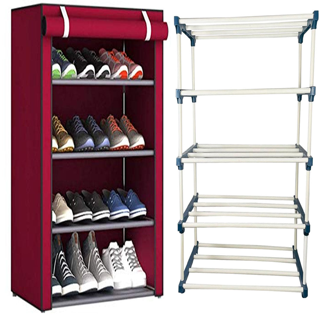 TURBOMAX TRI® Folding Shoe Rack with Shelf for Bedroom, Living Room, Entryway - 4-Layer-Elbow, Maroon Plastic book Shelf with Cover
