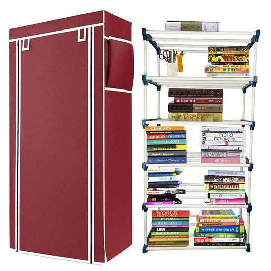 TURBOMAX 5 Layer Plastic book Shelf Stand for Home Multipurpose Storage Organizer Lightweight, Adjustable & Extendable with Cover (5 Layer Connector (TM), Maroon)