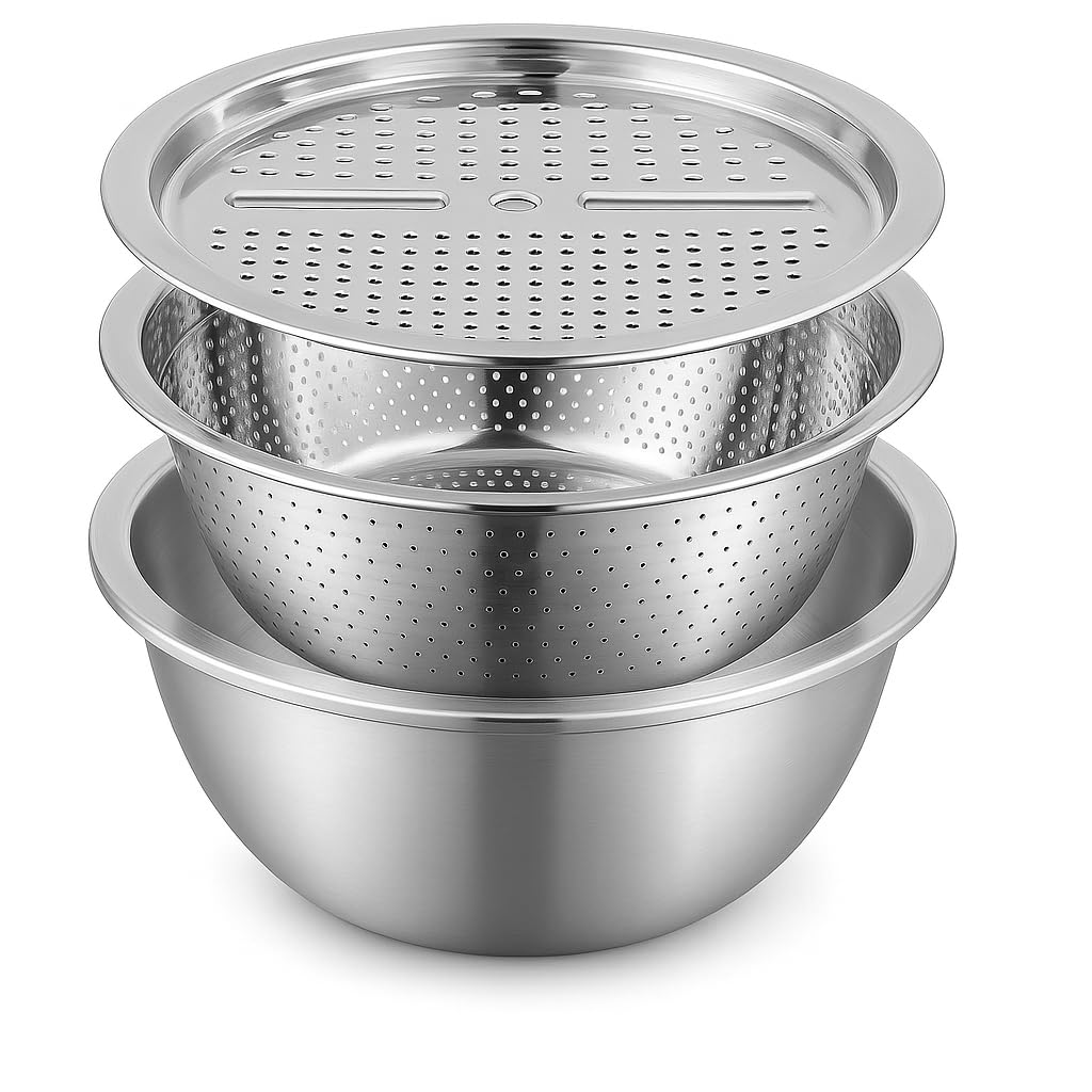 TURBOMAX 3 in 1 Stainless Steel Basin Grater | Multifunctional Cutting Out Solid Basin Drain Basket Washing Bowl for Kitchen Patterns