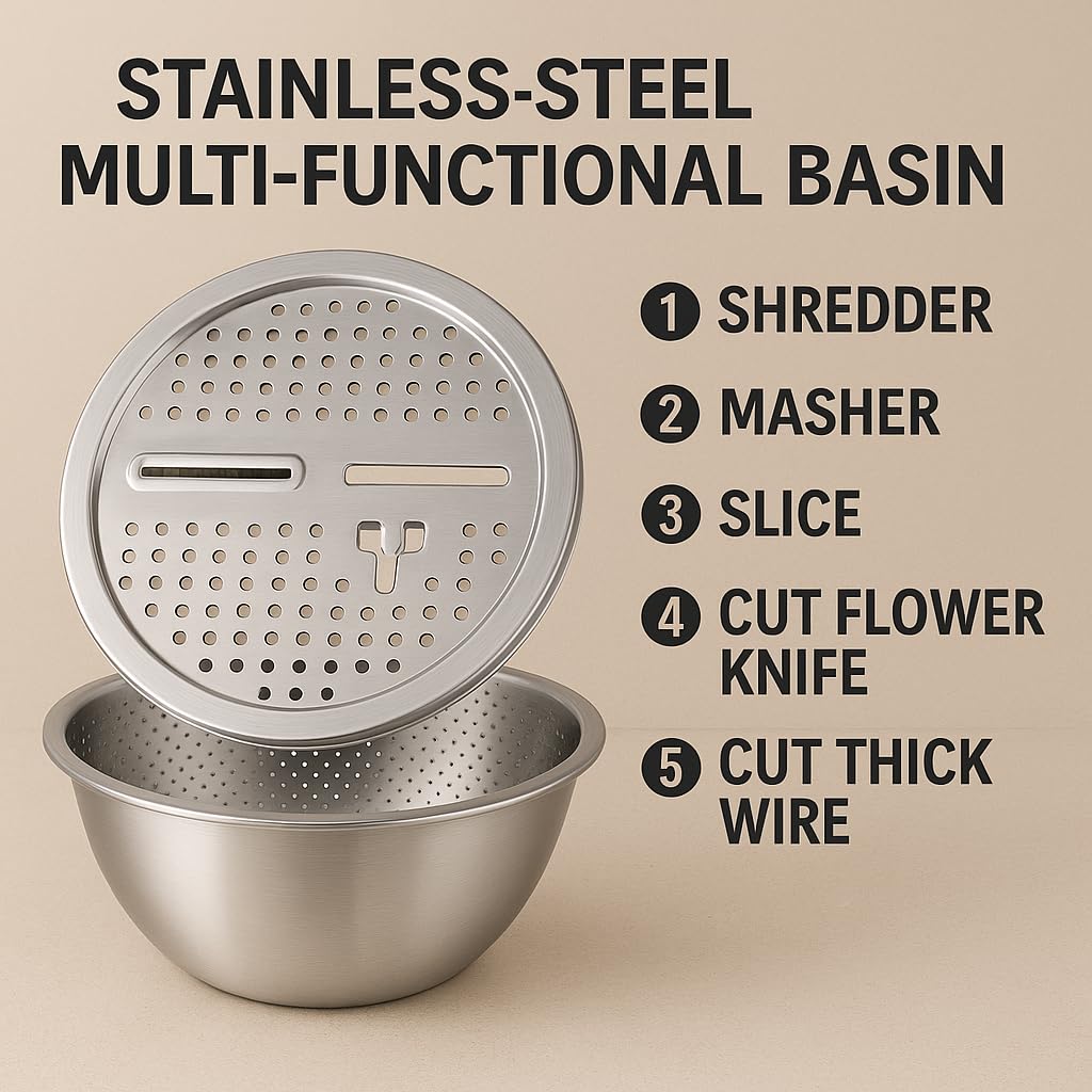 TURBOMAX 3 in 1 Stainless Steel Basin Grater | Multifunctional Cutting Out Solid Basin Drain Basket Washing Bowl for Kitchen Patterns
