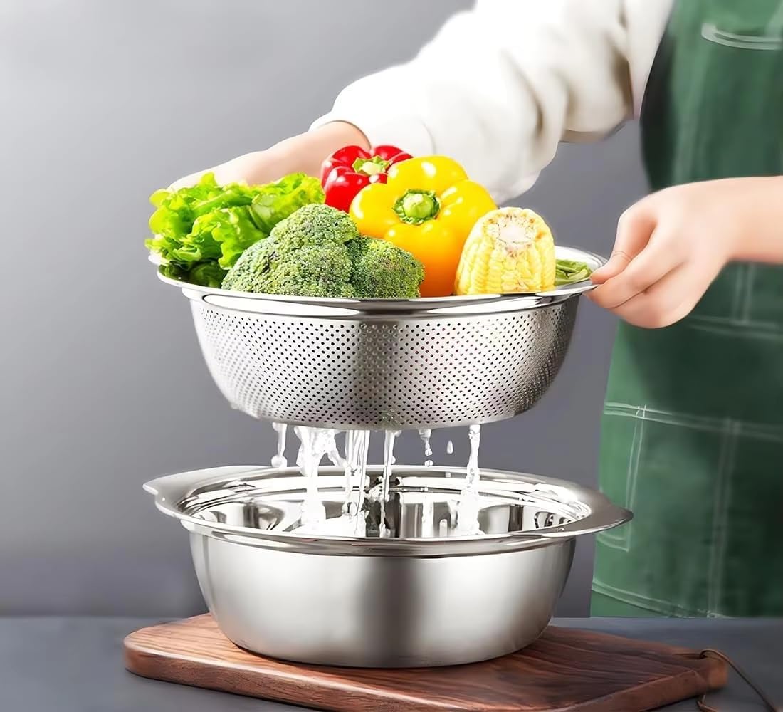 Turbomax 304 Stainless Steel Vegetable Washing Bowl & Strainer Colander,channi for Fruit,Pasta,Rice,Kitchen Purpose Bowl, stcable Draining Bowl,Food Mesh Micro-Perforated (22cm)