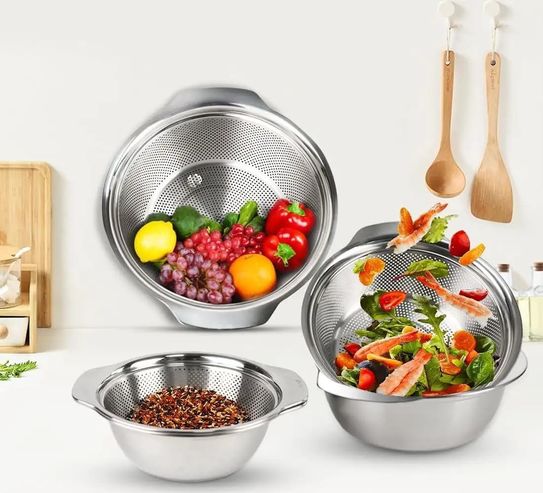 Turbomax 304 Stainless Steel Vegetable Washing Bowl & Strainer Colander,channi for Fruit,Pasta,Rice,Kitchen Purpose Bowl, stcable Draining Bowl,Food Mesh Micro-Perforated (22cm)