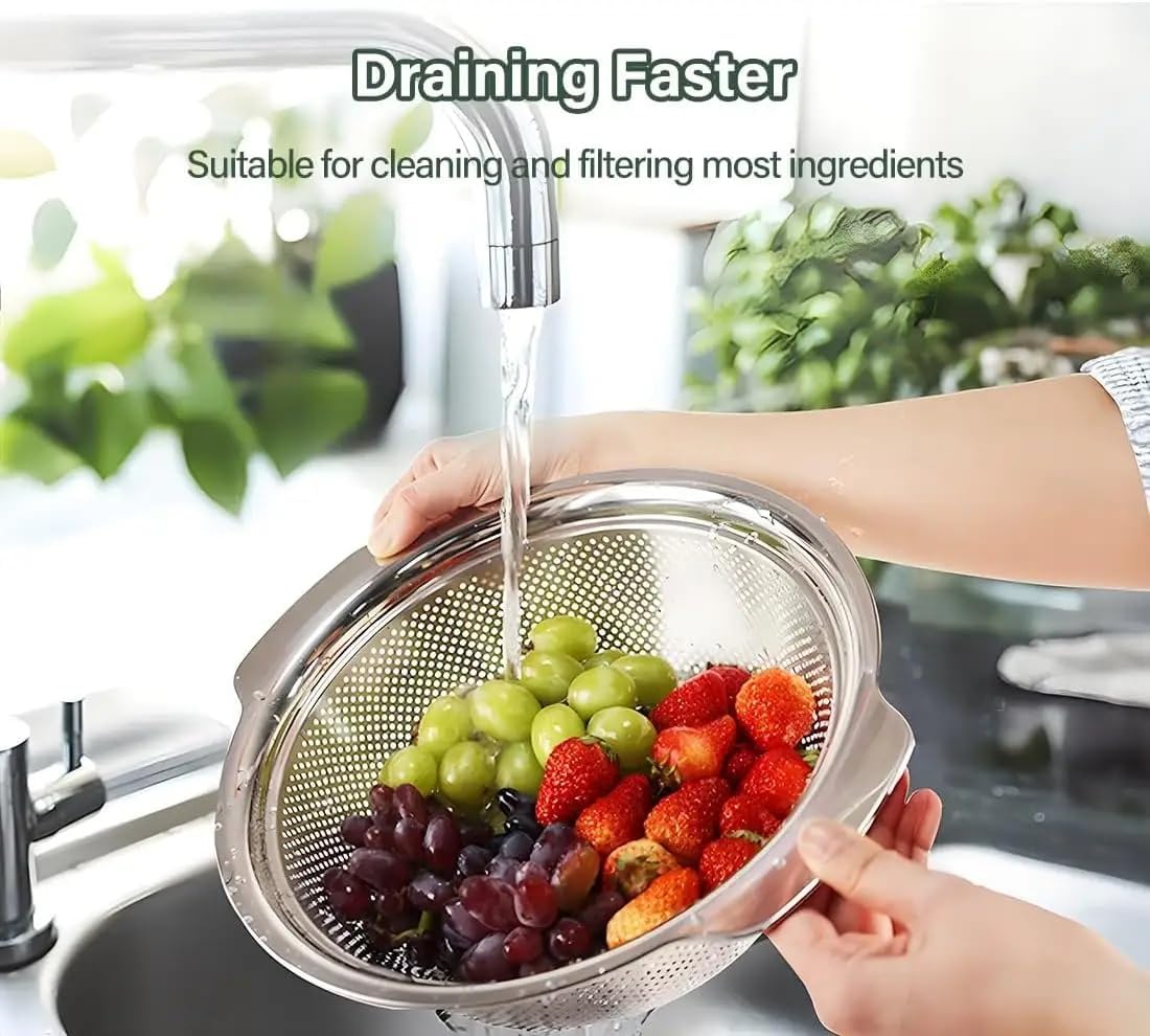 Turbomax 304 Stainless Steel Vegetable Washing Bowl & Strainer Colander,channi for Fruit,Pasta,Rice,Kitchen Purpose Bowl, stcable Draining Bowl,Food Mesh Micro-Perforated (22cm)
