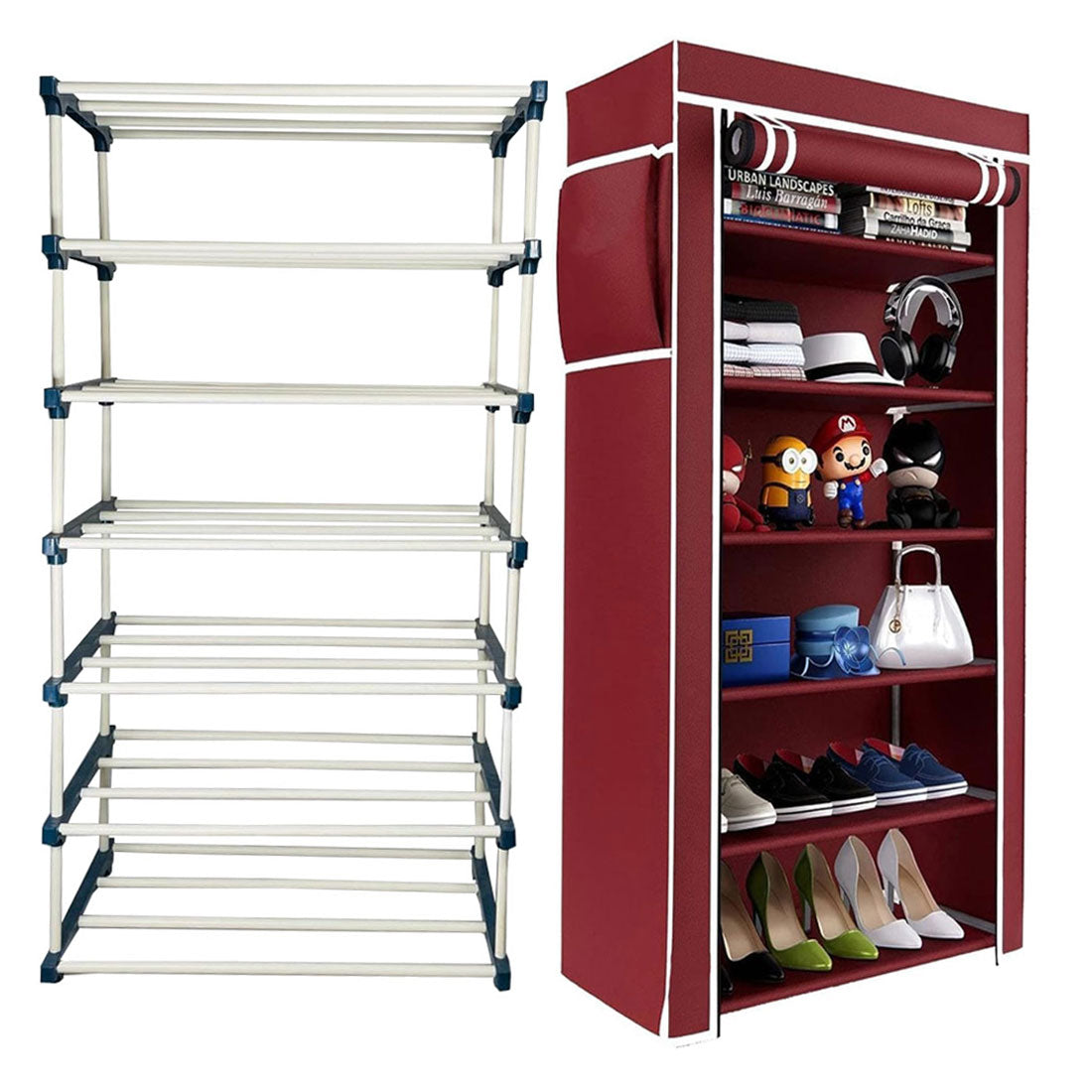 TURBOMAX TRI™ 6 Layer Book Shelf Stand for Home Multipurpose Storage Organizer Lightweight, Adjustable & Extendable Plastic Pipes with Cover (6 Layer Connector (TM), Maroon)