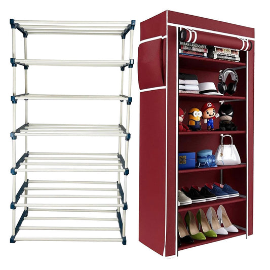 TURBOMAX TRI™ 6 Layer Book Shelf Stand for Home Multipurpose Storage Organizer Lightweight, Adjustable & Extendable Plastic Pipes with Cover (6 Layer Connector (TM), Maroon)