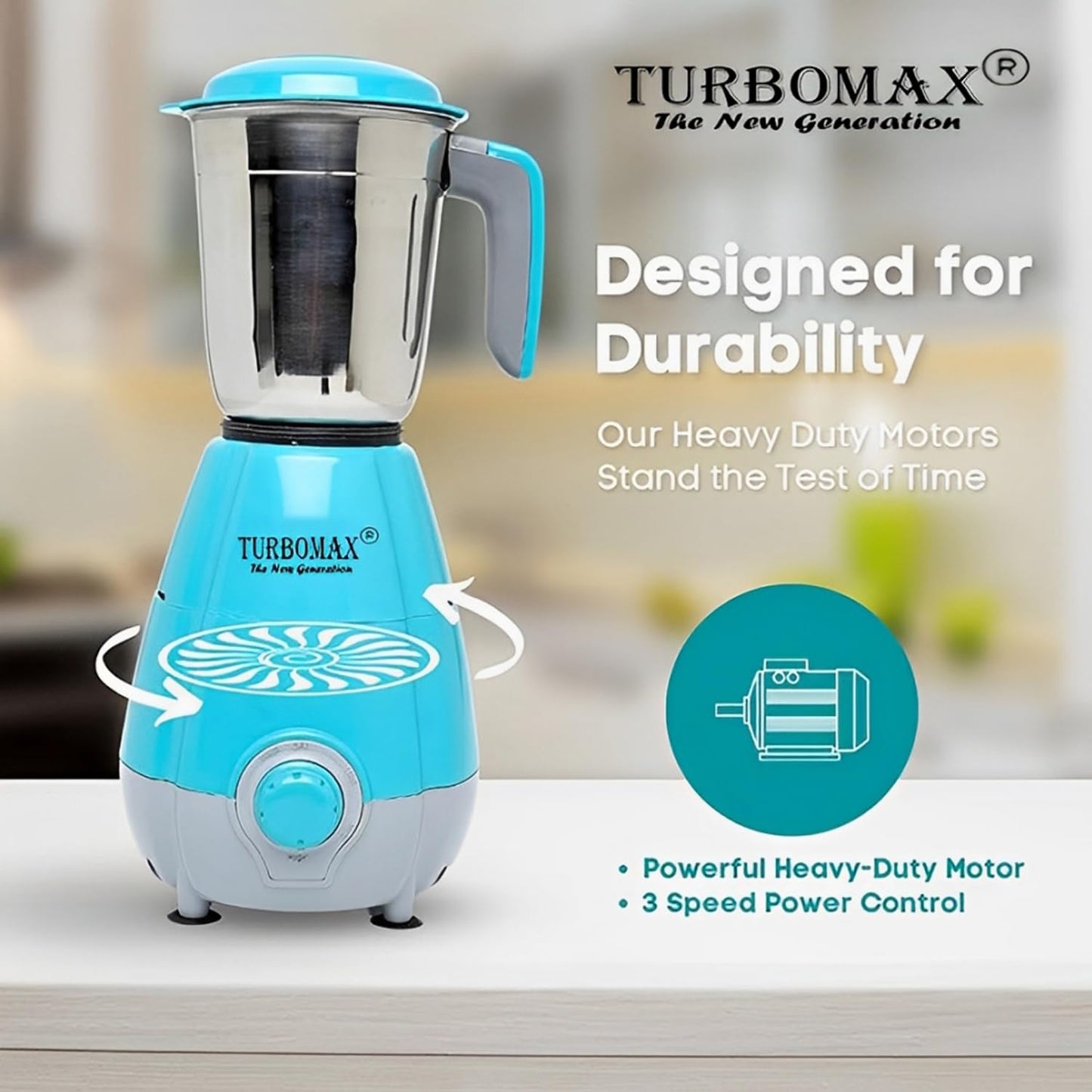 TURBOMAX TRI 750 Watt Mixer Grinder For Kitchen With 3 Stainless Steel Jar | Speed 20000 Rpm Motor | Chutney, Dry Grinder Mixer Machine