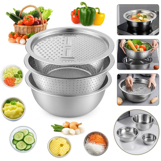 TURBOMAX 3 in 1 Stainless Steel Basin Grater | Multifunctional Cutting Out Solid Basin Drain Basket Washing Bowl for Kitchen Patterns