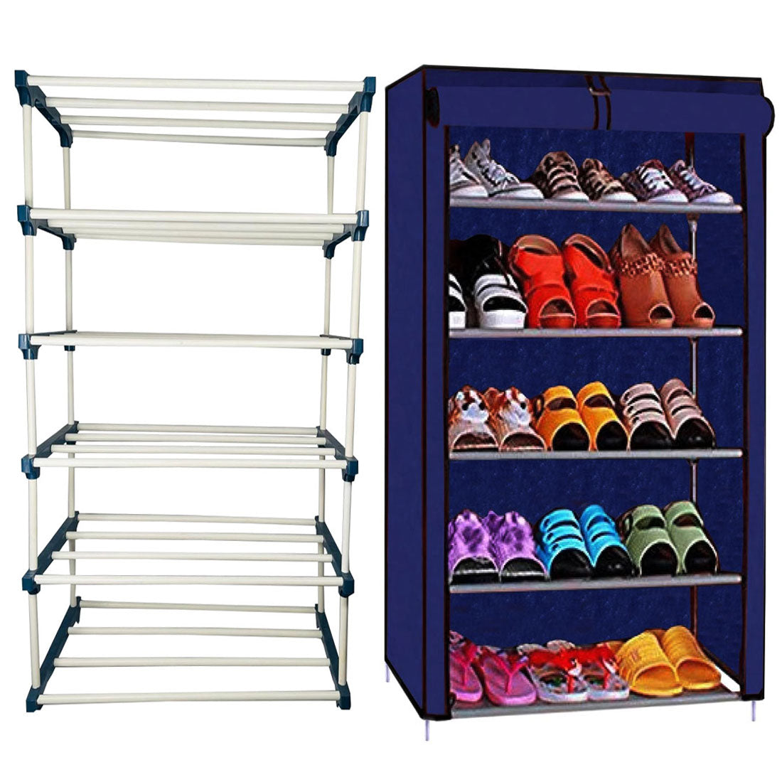 TURBOMAX 5 Layer Plastic book Shelf Stand for Home Multipurpose Storage Organizer Lightweight, Adjustable & Extendable with Cover (5 Layer Connector (TM), Blue)