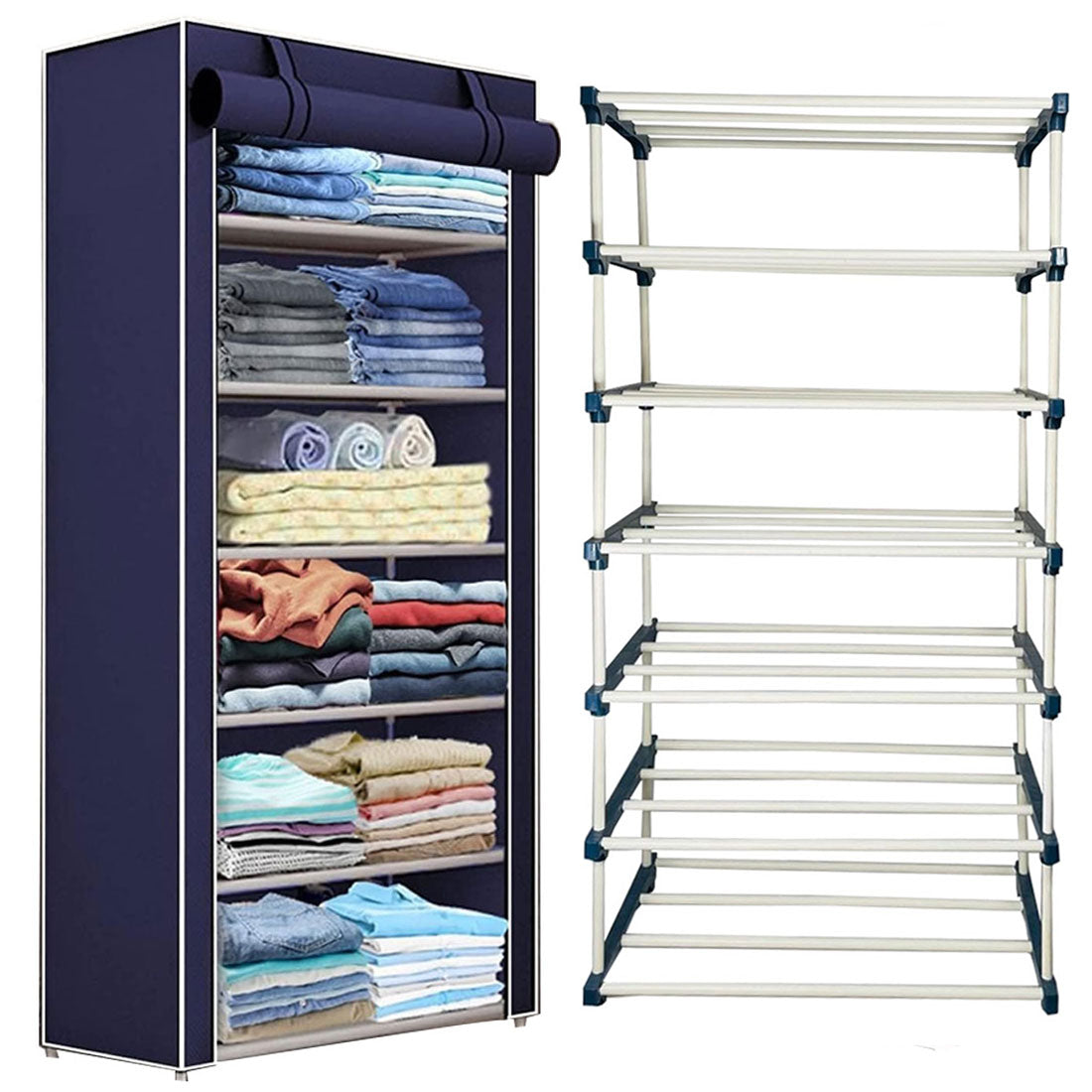 TURBOMAX TRI™ 6 Layer Book Shelf Stand for Home Multipurpose Storage Organizer Lightweight, Adjustable & Extendable Plastic Pipes with Cover (6 Layer Connector (TM), Blue)