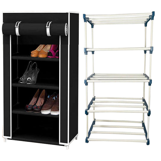 TURBOMAX TRI® Folding Shoe Rack with Shelf for Bedroom, Living Room, Entryway - 4-Layer-Elbow, Black Plastic book Shelf with Cover