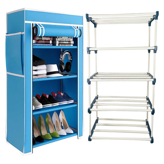 TURBOMAX TRI® Folding Shoe Rack with Shelf for Bedroom, Living Room, Entryway - 4-Layer-Elbow, Firozi Plastic book Shelf with Cover