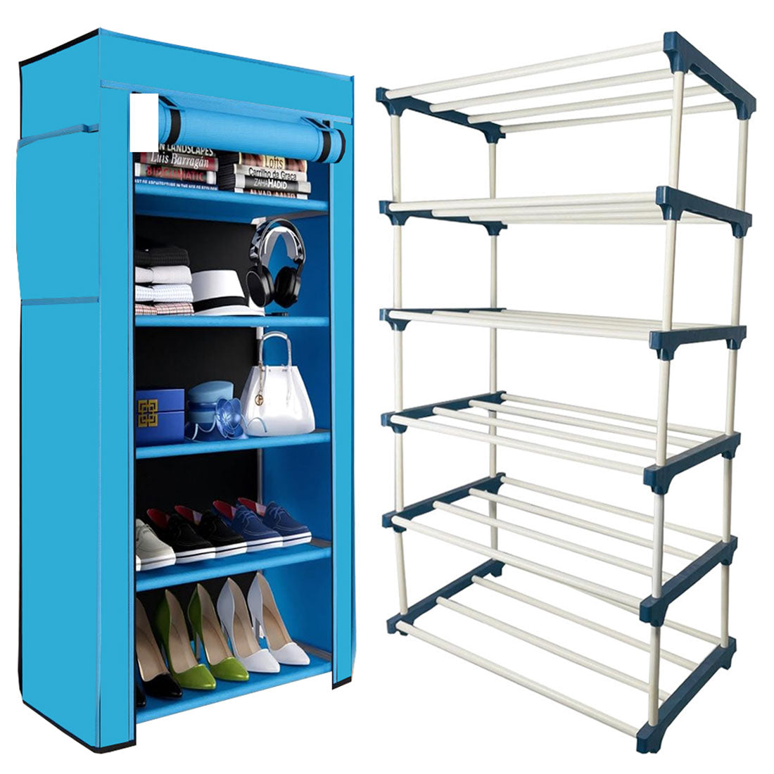 TURBOMAX 5 Layer Plastic book Shelf Stand for Home Multipurpose Storage Organizer Lightweight, Adjustable & Extendable with Cover (5 Layer Connector (TM), Firozi)