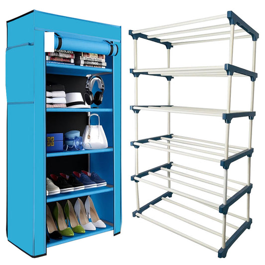 TURBOMAX 5 Layer Plastic book Shelf Stand for Home Multipurpose Storage Organizer Lightweight, Adjustable & Extendable with Cover (5 Layer Connector (TM), Firozi)