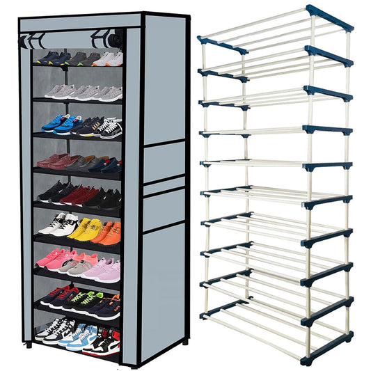 TURBOMAX 9 Tier Plastic Book Shelf Tall Narrow Storage Rack for Kids and Adults Modern Bookshelf Unit for Nursery, School, Home, and Office, Floor Mount Open (9 Layer) Grey