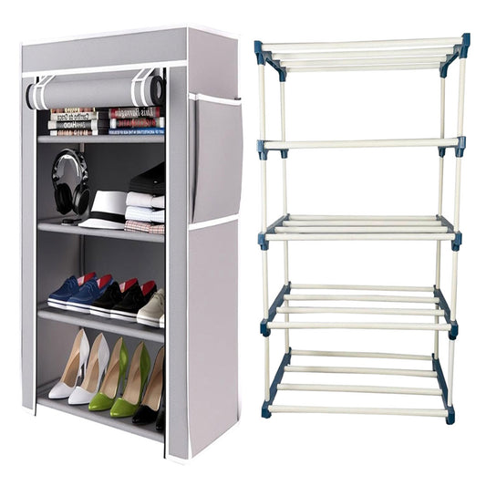 TURBOMAX TRI® Folding Shoe Rack with Shelf for Bedroom, Living Room, Entryway - 4-Layer-Elbow, Grey Plastic book Shelf with Cover