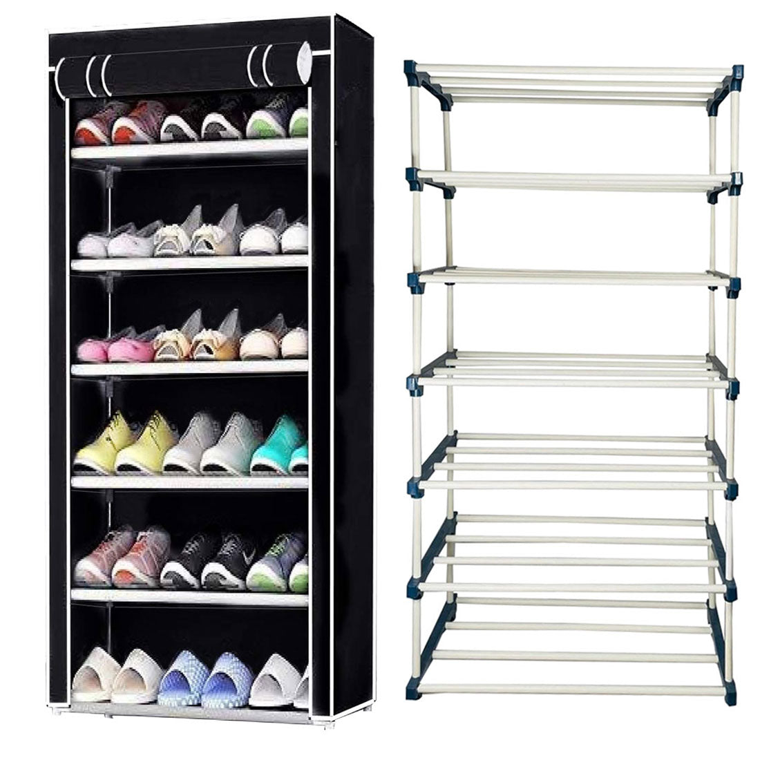 TURBOMAX TRI™ 6 Layer Book Shelf Stand for Home Multipurpose Storage Organizer Lightweight, Adjustable & Extendable Plastic Pipes with Cover (6 Layer Connector (TM), Black)