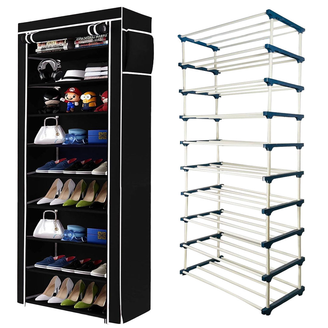 TURBOMAX 9 Tier Plastic Book Shelf Tall Narrow Storage Rack for Kids and Adults Modern Bookshelf Unit for Nursery, School, Home, and Office, Floor Mount Open (9 Layer) Black